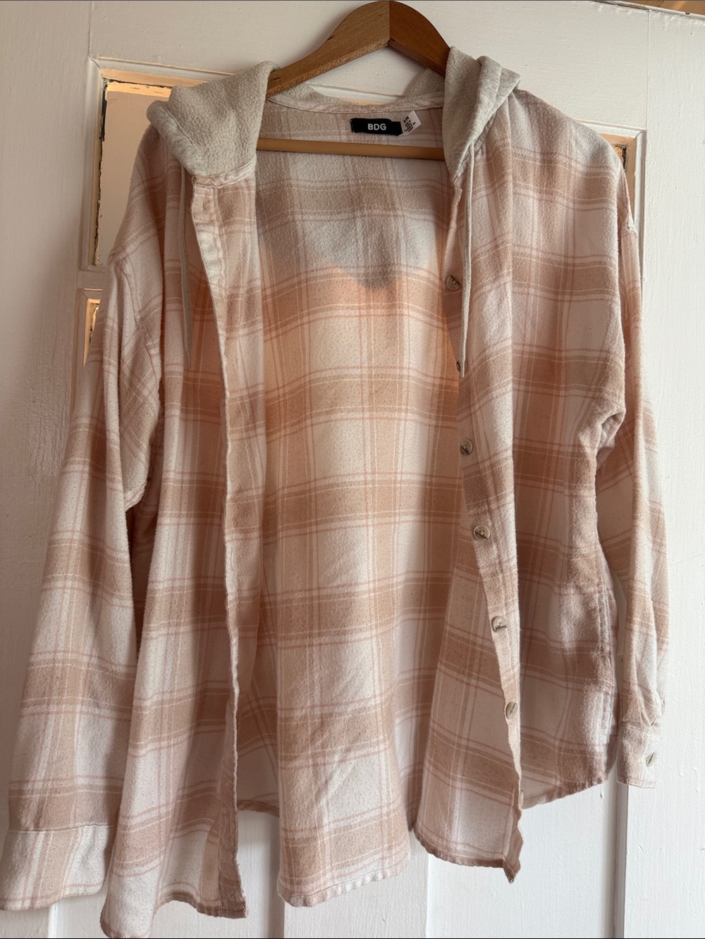 Urban Outfitters BDG Cream & Tan Plaid Flannel Hooded Button-Up Jacket